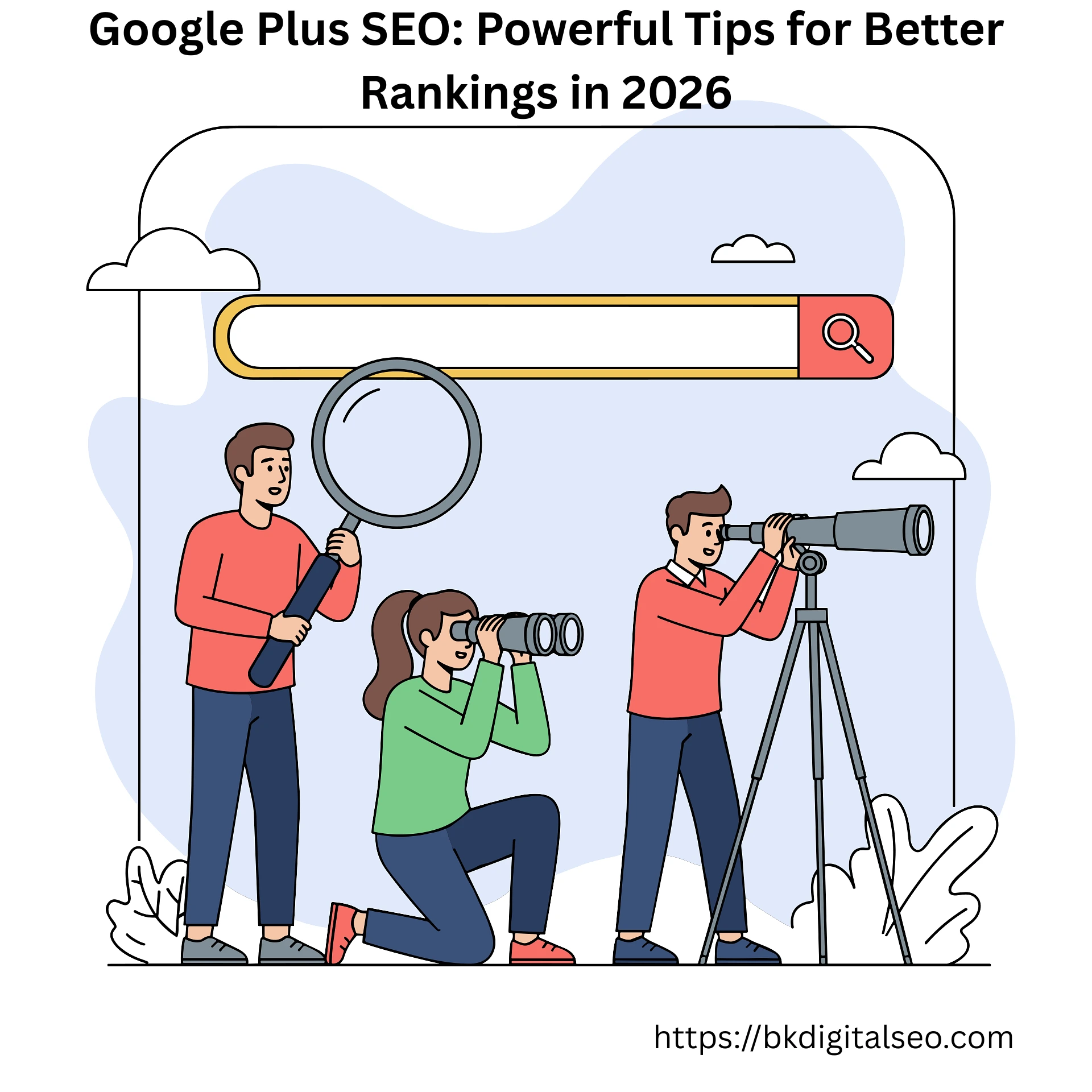 Google Plus SEO strategy concept with social signals and search ranking icons